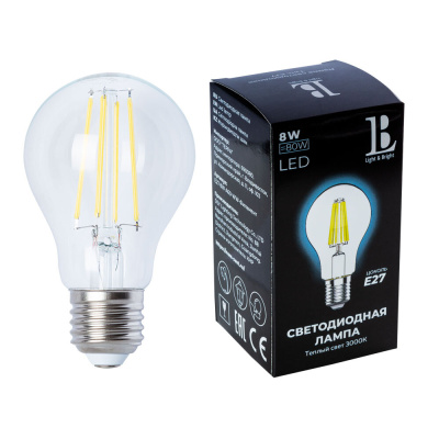 Светодиодная лампа L&B A60 8W 600Lm 3000K E27 E27-8W-A60-WW-filament