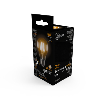 Светодиодная филаментная лампа Gauss A60 6W 600Lm 2700K E27 102802106