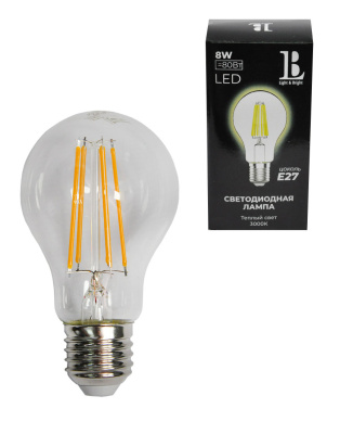 E27-8W-3000K-A60 Лампа LED (прозрачная Филамент) L&B